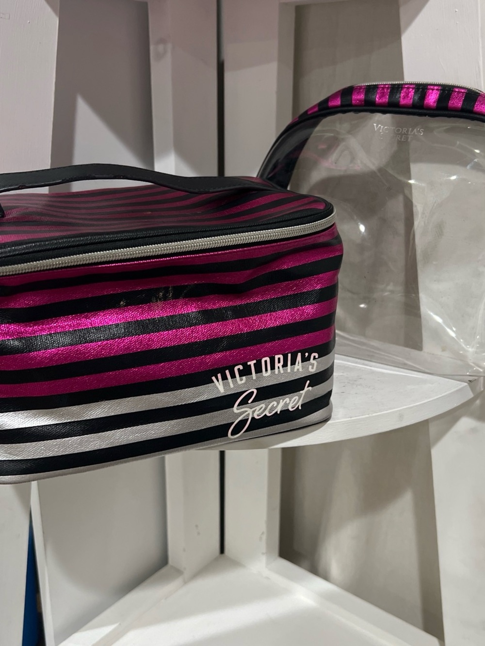 Victoria's Secret Pink & Black Striped Cosmetic Bag Set